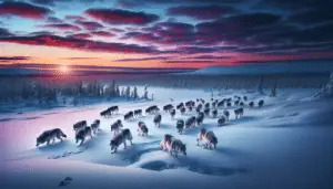 An expansive snowy landscape under a vibrant sky at dusk. It is home to a pack of wolves. The wolves, with their thick grey and white fur, camouflaged against the white snow, are moving in formation. Some are digging in the snow potentially for food, while others have their noses in the air, catching scents. Their paw prints are visible in the snow. There are distant pine trees partially covered in snow. The entire scene demonstrates the wolf's adaptations to their environment: their fur colour for camouflage, paw size to walk on snow, and strong sense of smell.