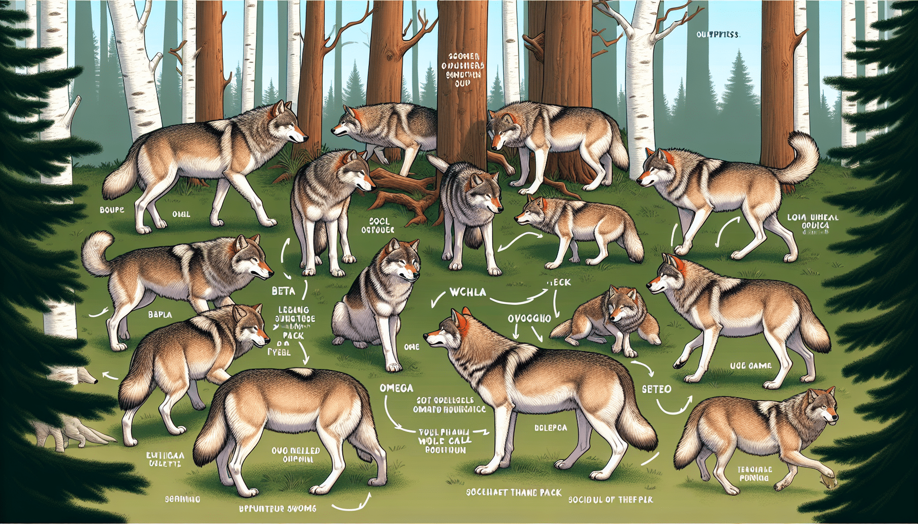 Illustrate an image showing the social structure of a wolf pack in a natural forest scene. Portray various wolves demonstrating different roles, like the alpha leading the pack, beta following closely, and the omega trailing behind. Show the pack interacting, with some hunting, some playing and some resting. Ensure there are no humans, text, brand names, or logos in any part of the image.