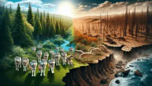 A captivating image that illustrates the impact of climate change on wolves. Show an environment transitioning from a healthy, lush forest with a pack of wolves thriving on one side to an arid, devastated landscape affected by global warming on the other side, with wolves looking distressed and confused. No text, brands, or human figures should be included in the image.