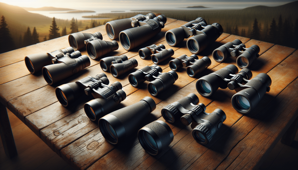 An image illustrating a selection of hunting binoculars laid out on an rustic wooden table. Each set of binoculars appear in different sizes and styles with features like grip-friendly rubber coating, smooth central focus knob, and adjustable eye cups. These binoculars showcase advanced attributes such as large objective lens for maximum light transmission, excellent optical clarity, and water-resistant, fog-proof design for extreme weather conditions. All binoculars are presented without any identifying logos or text, simply showcasing their design and functionality. The background should be a simple landscape with lush forest under a clear sky, reinforcing the hunting theme.