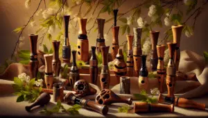 An assortment of hunting calls, displayed artistically against a spring-themed backdrop. There should be diverse calls including duck calls, elk bugles, and deer grunt calls, each crafted intrically from different materials like wood and metal. The backdrop includes leafy May foliage and small seasonal flowers, creating a warm, inviting ambiance. These objects are unmarked, indicating high quality without relying on brand markers. The lighting of this composition should suggest a perfect spring morning, with a gentle and welcoming early May sunshine casting soft shadows. No people or text are included in this scene.