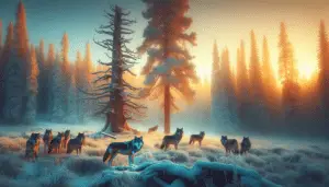 Picture a vivid and spacious wilderness, tinted with the golden hues of an early morning. A pack of majestic gray wolves wander within the scene, their coats matching the frosty terrain. Observe a dominant wolf standing near a large, ancient pine tree, raising its tail to mark it as a sign of territory claim, its pack members watch attentively. Notice how the crisp winter air is filled with a sense of dominance and authority broadcasted by the pack. No humans or man-made items are present, just the untamed beauty of nature.