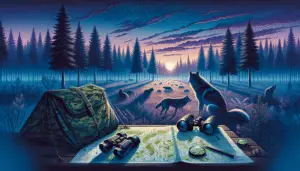 Imagine a visual portrayal of a forest scene at dusk, cast in hues of blues and purples as the sun sets behind tall evergreens. On the ground, an unoccupied camouflage hunting tent is seen, nearby a pair of binoculars rests on top of an open map highlighting potential wolf territories. In the distance, traces of a wolf pack, such as paw prints and tufts of fur, are scattered. Remember to exclude any people, text, or brand names from the illustration.