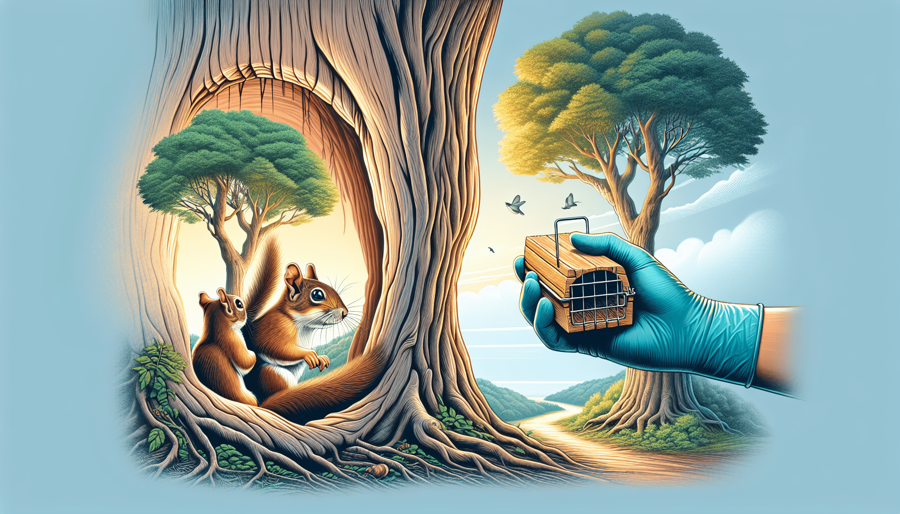 Depict an image representing safe relocation of a squirrel family, without any presence of human beings. Visualize a pair of adult squirrels and their offspring venturing out from a wooden cavity (their former dwelling) with a lush tree canopy in the backdrop. In a distance, illustrate a more spacious but similar wooden cavity in another tree, indicating their new home. Accentuate the image with a pair of gloved hands carefully holding a humane trap, symbolizing safe squirrel relocation methods. Make sure no text, brand names, logos, or human figures are visible in the image.