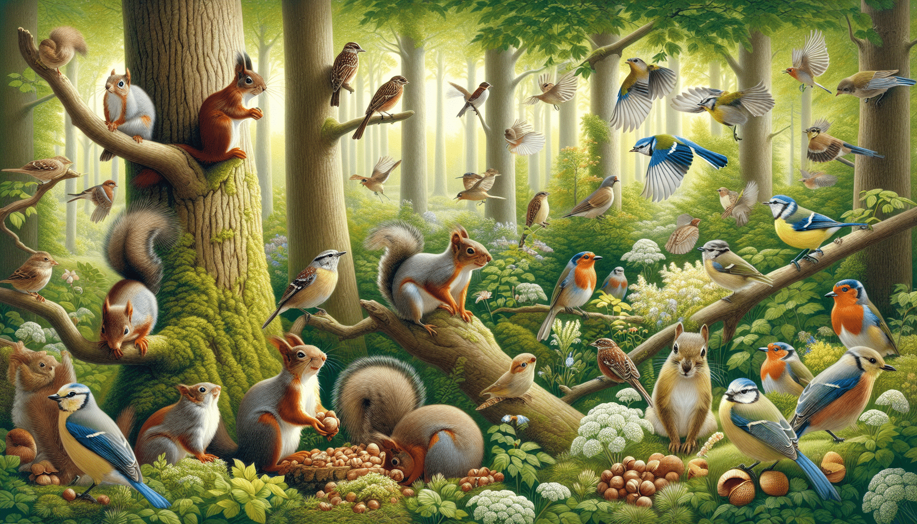 A glimpse into the natural world, with various species of squirrels and birds interacting peacefully in a lush, green forest. Squirrels are seen collecting nuts and climbing on trees, while birds like sparrows, robins, and blue jays fly among the branches and perches. The forest setting is dense with tall trees, blooming flowers, and soften by the natural sunlight peeping through the leaves. A few squirrels and birds can be seen sharing a tree branch, signifying an amicable relationship between them. There are no people, text, brands, or logos in this image.