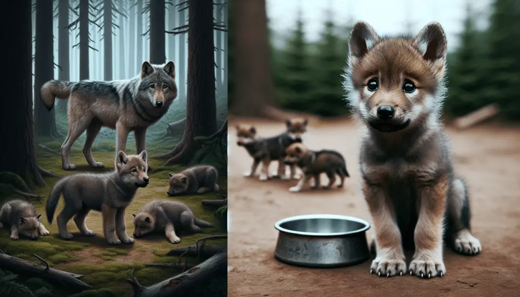 A small, potentially abandoned wolf pup is depicted in a forest clearing. Its fur is fluffy and gray, and it gazes around with wide, curious eyes. There are no humans or other animals nearby. The pup’s bowl is empty, symbolizing the absence of a parent’s care. An image series contrasts the lonely pup with scenes of typical wolf families, such as a group of pups playing near a watchful adult wolf. All objects and elements in the scenes are void of text, logos, or brand names.