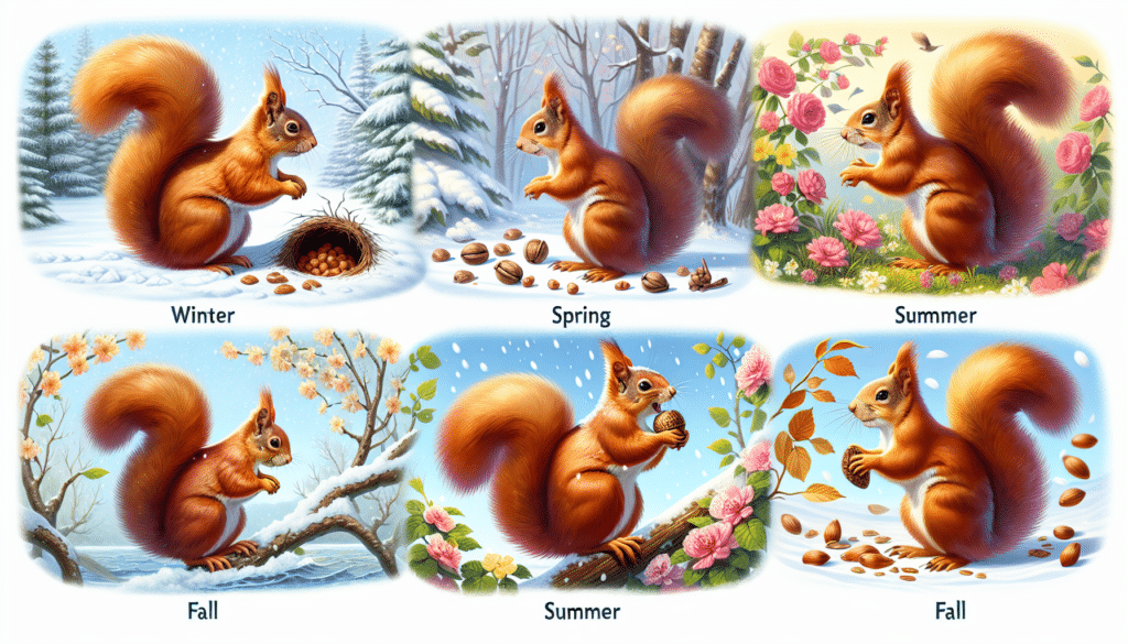 Depict an illustrative study of squirrels showcasing their different behaviors during four different seasons: Winter, Spring, Summer, and Fall. In Winter, show a squirrel with a burrow full of nuts. Spring should show a squirrel frolicking among blooming flowers. In Summer, depict a squirrel on a branch, nibbling a food item. Lastly, in Fall, illustrate a squirrel actively gathering nuts. Make sure that the scenery clearly communicates the season - snowy surroundings for Winter, fresh blooms for Spring, lush green trees for Summer, and leaves turning brown for Fall. No humans, text, brand names, or logos are to be included in the image.