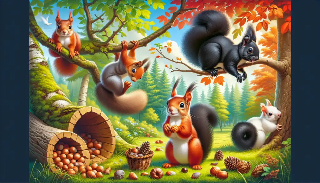 An outdoor scene depicting the habitat of four different types of squirrels: a brown furry eastern gray squirrel perched on a tree branch; a cute red squirrel with a bushy tail gathering nuts along the grassy forest floor; a black squirrel with bright eyes playfully hanging upside down from another tree; and a small, white albino squirrel standing alertly next to a woodland burrow. All the squirrels are set against a vibrant backdrop of an early autumn woodland, with colorful leaves gently falling from the trees, but no people, text, or brand names are included.