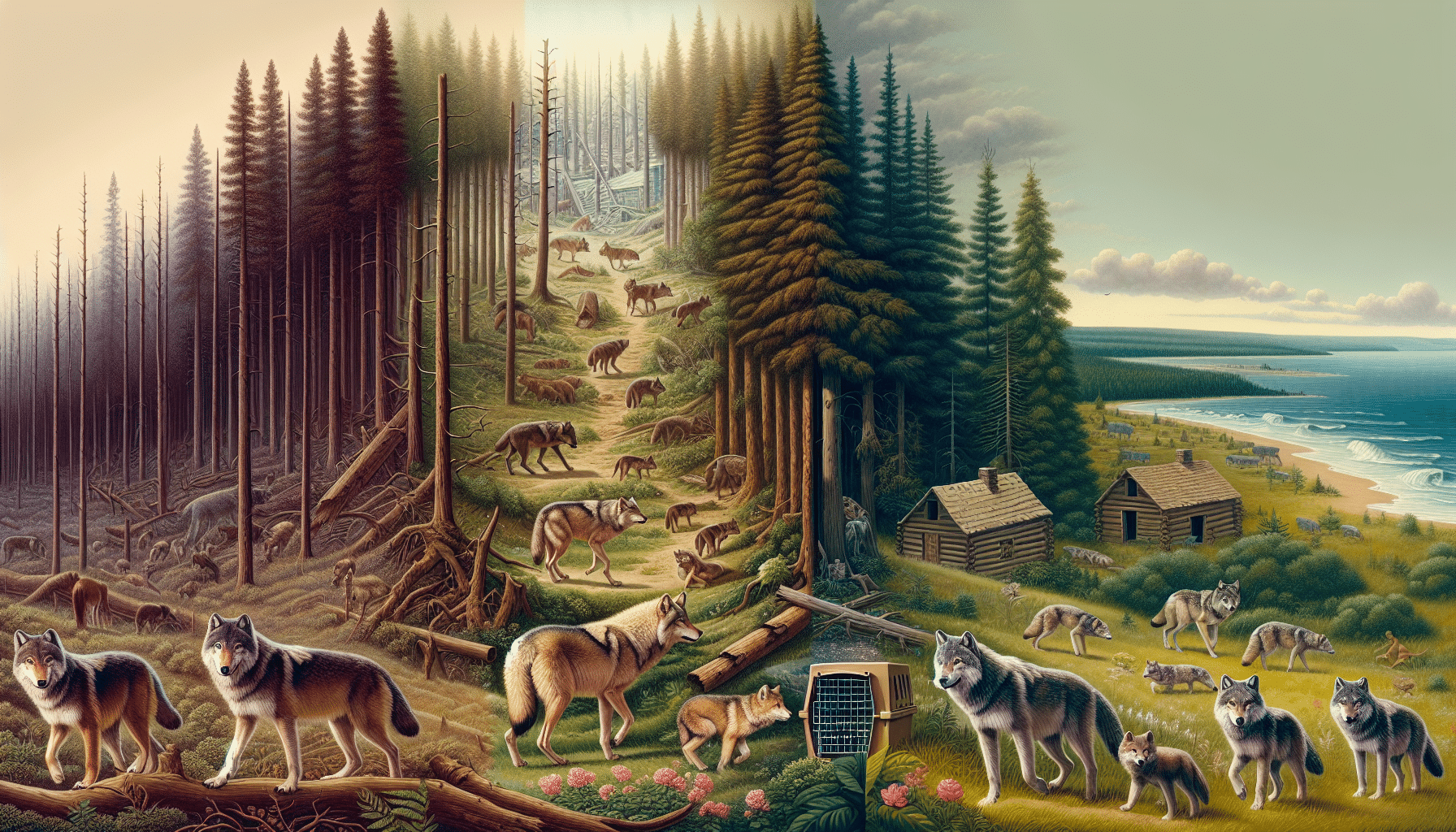 A visual journey through the history of wolves in North America. The left side of the image showcases dense, untouched North American wilderness with several wolves roaming during the pre-colonial era. The middle part transitions to a scene with fewer wolves, symbolizing the period of heavy hunting and trapping during European colonization, while human structures like cabins gradually start to appear in the background. The right shows the modern conservation attempts, symbolized by a wolf releasing in the wild from an animal transport crate. Remember, no human figures or brands are to be included.