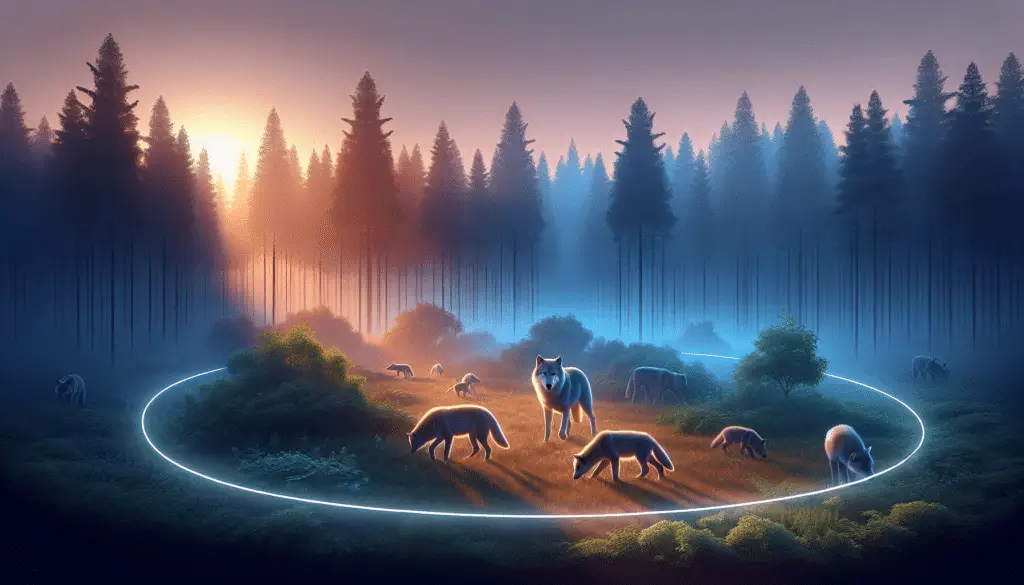 Visualize a serene forest landscape at dawn. In the foreground, a family of wolves, encompassing both adult wolves and playful cubs, are peacefully roaming. Illumination from the rising sun is casting soft hues upon the forest, highlighting the wolves' smooth fur. The integral part of the scene is a distinct boundary, signifying protected area, subtly implied with differently colored vegetation or natural formations. The image aims to respectfully symbolize the legal protections extended to wolves without the presence of text, people, brand names, logos, or any sort of urban elements.