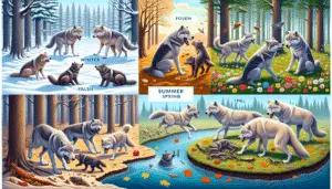 An image demonstrating seasonal behavior of wolves. The scene spans across four quadrants, each depicting a different season. In the first quadrant for winter, a pack of gray wolves are huddled together in a snowy forest. Next quadrant spring depicts a wolf happily playing in a flower-filled meadow. In the summer quadrant, wolves are beside a river, one of them catching a fish. The fall quadrant shows a wolf standing over a fallen leaf-strewn prey. There are no people, text, brand names, or logos visible in any of the scenes.