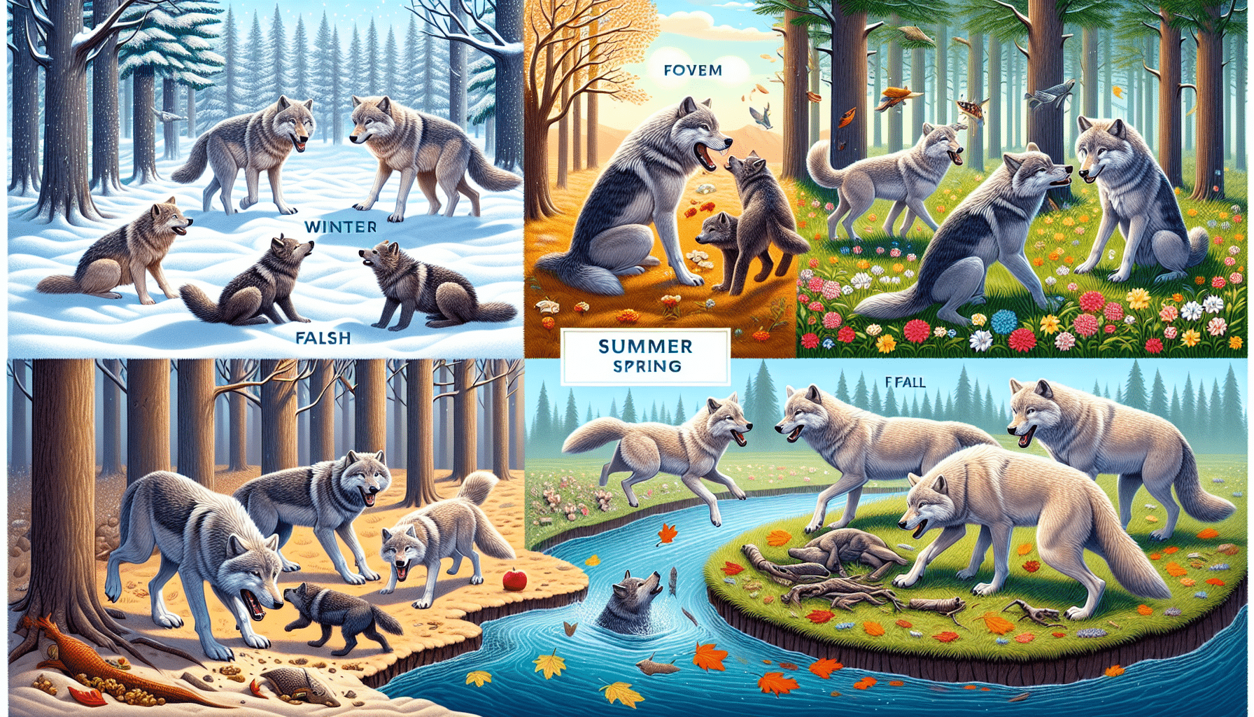 An image demonstrating seasonal behavior of wolves. The scene spans across four quadrants, each depicting a different season. In the first quadrant for winter, a pack of gray wolves are huddled together in a snowy forest. Next quadrant spring depicts a wolf happily playing in a flower-filled meadow. In the summer quadrant, wolves are beside a river, one of them catching a fish. The fall quadrant shows a wolf standing over a fallen leaf-strewn prey. There are no people, text, brand names, or logos visible in any of the scenes.