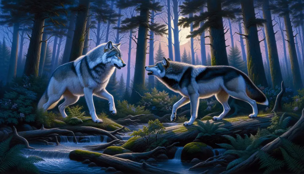 A depiction of a serene forest setting, bathed in twilight. Two adult wolves, one male and one female, are engaging in a courtship ritual. The male wolf, larger with a majestic silver coat and piercing blue eyes, is attempting to get the attention of the female wolf. She is slightly smaller and has a stunning black coat with golden eyes. They exhibit typical behaviors such as circling each other, exchanging scents and communicating through howls and body language. The scene should reflect their natural habitat, without any traces of human influences, such as litter, buildings, or roads.