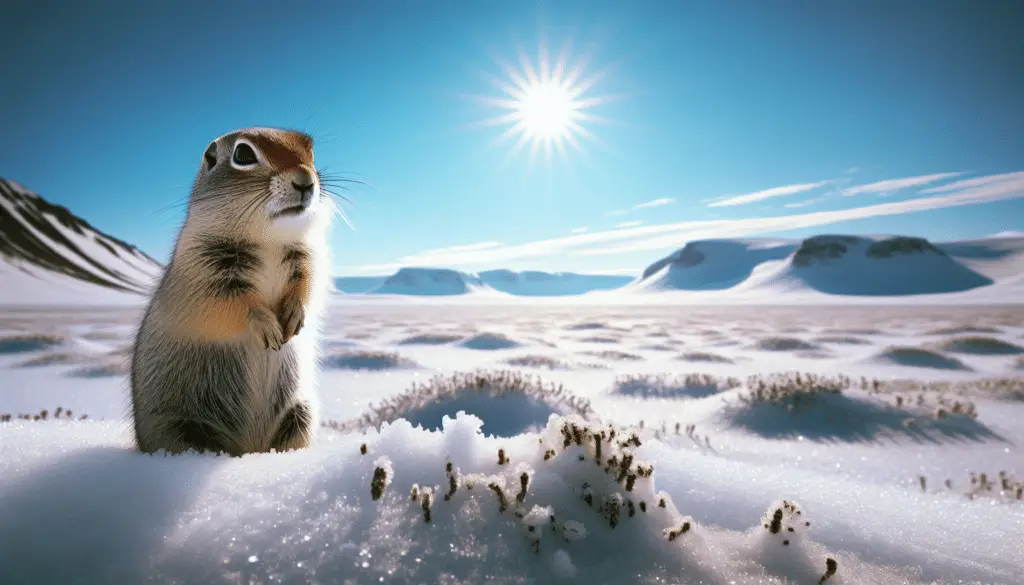 Visualize a lonely Arctic Ground Squirrel (Urocitellus parryii) in its natural habitat. It's standing on its hind legs, looking alert with wide open eyes. The surroundings encompass a frozen tundra landscape under a bright, clear sky. Thick layer of snow blankets the ground, with occasional patches of hardy Arctic vegetation poking out from the white expanse. Sprinkle the scenery with distant snow covered peaks in the background providing a powerful and grand backdrop.