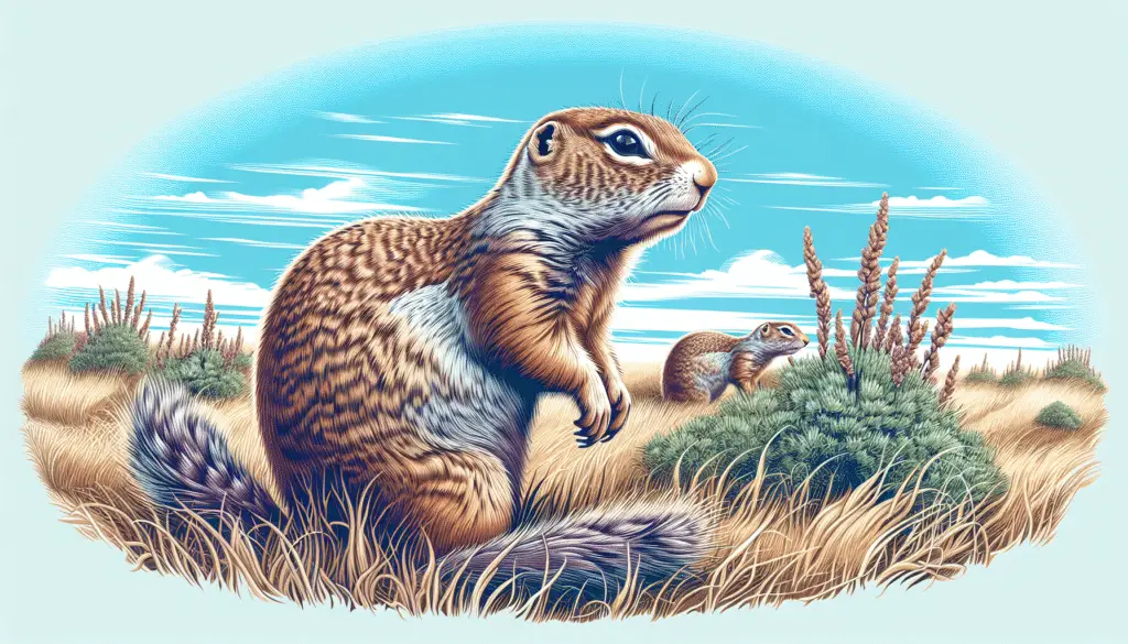 An illustration of a Belding's Ground Squirrel, scientifically known as Urocitellus beldingi. The squirrel is displayed in its natural habitat, amidst grasslands surrounded by occasional shrubberies. The squirrel itself is in an attentive position, standing on its hind legs while observing its surroundings. Its fur is accurately depicted as a coat of earthy mix of browns and grays, blending well with its environment. The background consists of clear blue skies, hinting at a pleasant day. The image is void of any people, text, brand names or logos.
