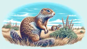 An illustration of a Belding's Ground Squirrel, scientifically known as Urocitellus beldingi. The squirrel is displayed in its natural habitat, amidst grasslands surrounded by occasional shrubberies. The squirrel itself is in an attentive position, standing on its hind legs while observing its surroundings. Its fur is accurately depicted as a coat of earthy mix of browns and grays, blending well with its environment. The background consists of clear blue skies, hinting at a pleasant day. The image is void of any people, text, brand names or logos.