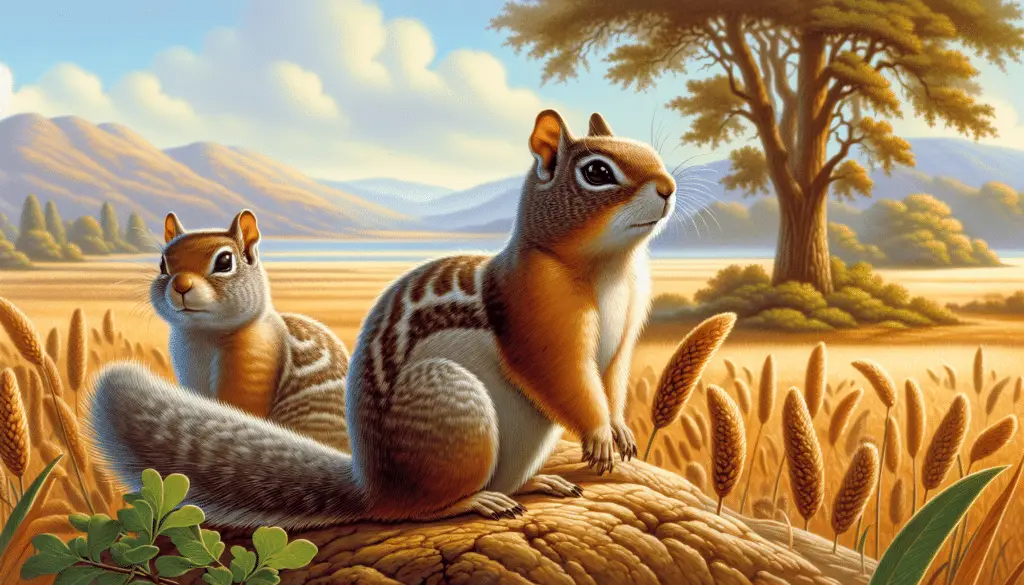 An appealing scene featuring an Otospermophilus beecheyi, also known as the California ground squirrel. The animal must be identifiable in detail with its typical brown-grey fur, bushy tail, and prominent ears, set against a backdrop that represents its typical habitat. Please ensure the image includes features like warm grassy fields, perhaps with a background of distant rolling hills and scattered oak trees. No people, text, brand names, or logos are to be included in the scene.