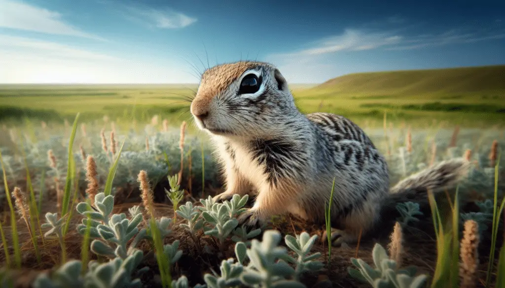 A large image of Franklin's Ground Squirrel (Poliocitellus franklinii) set in its natural habitat. The squirrel is predominantly grey with lighter spots interspersed on its fur and has distinctive dark eye marks. It's seen foraging, searching for food amongst the grasslands. The background comprises a serene mid-wild prairie landscape with lush green grass, shrubs and wildflowers, under a clear blue sky. There are no humans, text or brands in sight, maintaining the purity of the natural scene.
