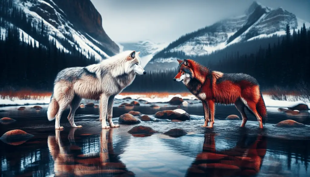 A stirring wildlife spectacle unfolds against the backdrop of a pristine wilderness landscape. A majestic Gray Wolf, fur mingling snow-toned whites with stormy grays, stands poised as the embodiment of resilience and power. His competitor, a Red Wolf, is a rare and captivating sight with its cinnamon-red fur flecked with black and cream. Each stands on opposite ends of a clear stream, mirroring each other's stance in an intense, yet non-aggressive confrontation. No people or manmade objects are present, preserving the image's purity as a representation of nature's raw, untamed drama.