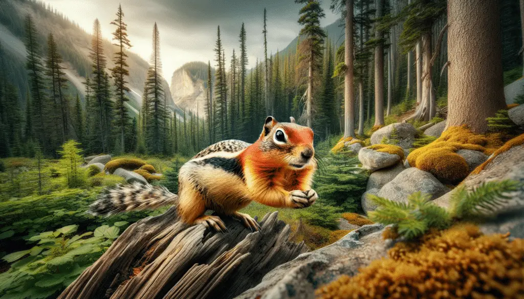An image depicting the natural habitat of a Golden-mantled Ground Squirrel (Callospermophilus lateralis). The squirrel has distinctive features such as a golden mantle over its shoulders and a reddish color on its sides. It will be seen busily darting around, possibly in search of food, against the backdrop of a forest landscape with towering pine trees, lush underbrush, and rough-hewn rocks. There are no humans or brand logos in the scene, perfectly preserving the wild beauty and tranquility of the squirrel's natural environment.