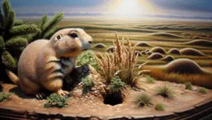 An intricately detailed and realistic depiction of a Gunnison's Prairie Dog (Cynomys gunnisoni). This small and charming mammal is native to the United States and is known for its stout body, short legs, and bushy tail. It is situated in its natural habitat amongst the prairie grasslands, the bright sun shining down casting light and shadows. Small burrows dotting the landscape near it, a hint towards the prairie dog's fascinating social structure. The tableau unfolds with the prairie dog standing up on its hind legs, watching alertly, its small, rounded ears perked up, eyes sharp, vibrant, and curiously exploring its surroundings.