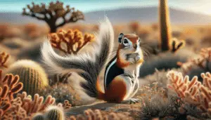 Image of a Harris's Antelope Squirrel (Ammospermophilus harrisii) in its natural environment. The squirrel should be prominently placed within the frame, showcasing its characteristic features such as its bushy white-tailed backside and the striking white line on each side of its body. The background should include elements typical of its habitat such as arid desert lands with sparse vegetation. Also, include unusual desert land features like dust devils, sand dunes, or cacti for added detail. The image should be free of human presence, logos, brand names, or any text.