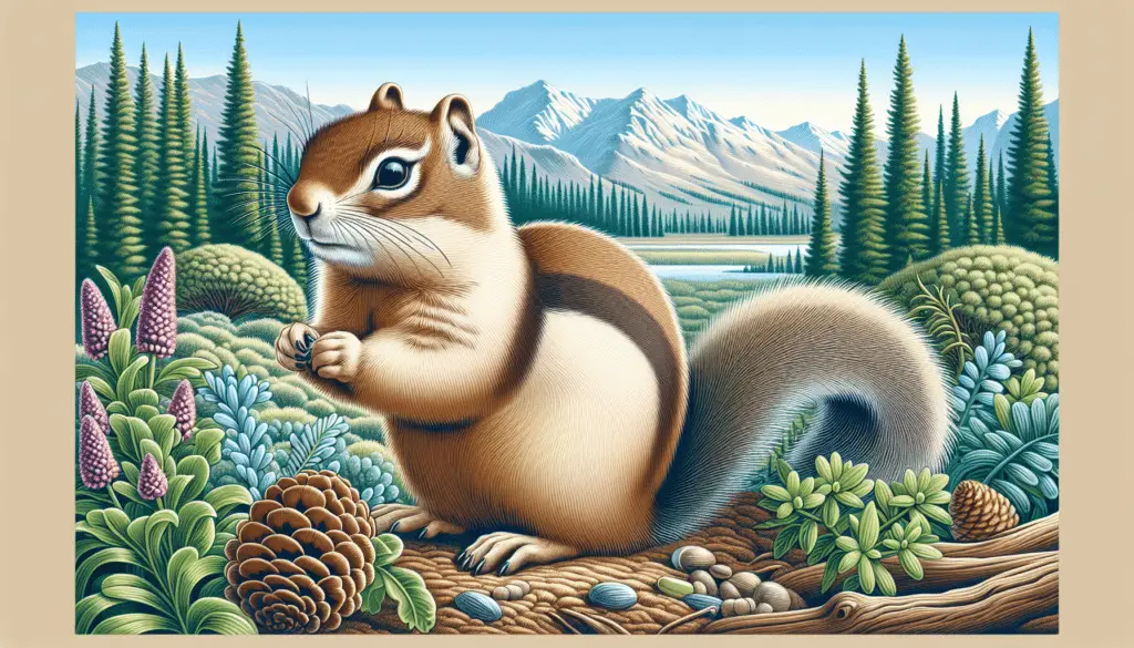 A detailed and realistic illustration of an Idaho Ground Squirrel or Urocitellus brunneus in its natural habitat. The squirrel should be brown, as indicated by its name, and should be seen foraging for food, perhaps some seeds or berries. The environment around the squirrel should depict the typical scenery in Idaho, such as coniferous forests or meadows with mountains in the distance. Ensure no people, texts, brand names, or logos are present in the scene.