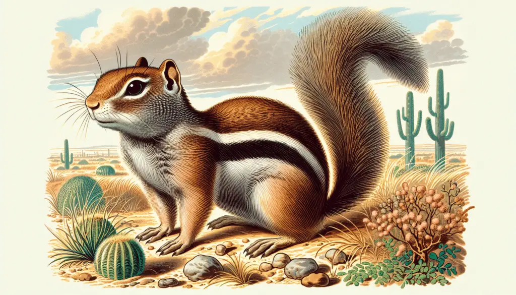 Dalle, produce an illustration of a Mexican Ground Squirrel (Ictidomys mexicanus) in its natural habitat. The squirrel should be predominantly brown with lighter underparts, a thick bushy tail and short round ears. The surrounding should depict a dry, arid environment with sparse vegetation like grass and cacti, typical of Northern Mexico and Southern United States. Make sure that no text, people, brand names or logos are included in the picture.