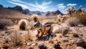 A Mojave Ground Squirrel, scientific name Xerospermophilus mohavensis, in its natural habitat. The small rodent has a dusty brown coat blending well with the arid desert surroundings. It's foraging for sparse vegetation under the intense desert sun, with the barren and rocky landscape of the Mojave Desert in the background. A few desert plants like cacti and shrubs are scattered about. The sky above is clear and blue. Please ensure not to include humans, text, or brand logos in this image.