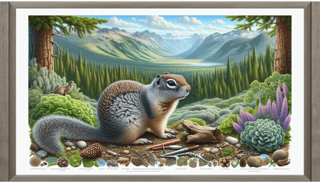 A detailed, realistic portrayal of a Northern Idaho Ground Squirrel (Urocitellus brunneus) in its natural habitat. The squirrel is shown with its distinct characteristics: its small compact body, short legs, small ears, and its grey-brown fur. The scene surrounding the squirrel is the scenic landscape of northern Idaho with lush green coniferous forests, rolling hills, and clear blue skies. Ensure there are no text, brand names, or human presence in the image. Decorate the surroundings with endemic flora and fauna, making sure the details are accurate to amplify the natural ecosystem.