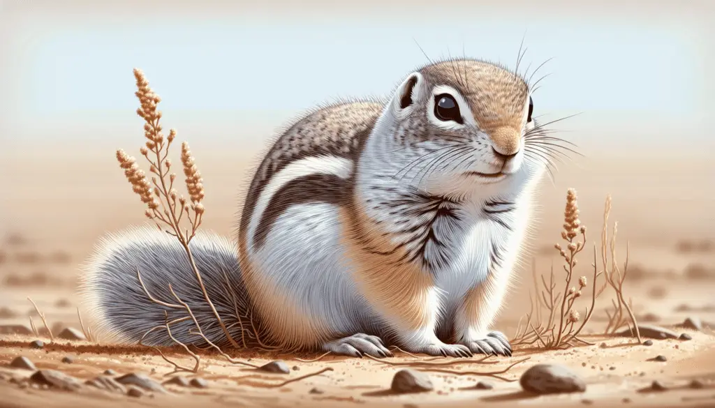 Illustrate an image of a Richardson's Ground Squirrel (Urocitellus richardsonii). The squirrel should be in its natural environment, perhaps on a prairie with sparse vegetation. It may be pictured sitting upright, showing its petite size and round shape with its small ears and sharp eyes clear. Its fur should be a combination of gray and white color, and its belly should be white. It should not be associated with any brand, logos, or human beings.