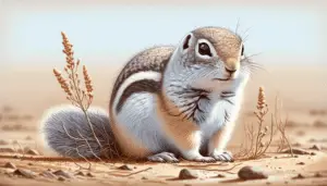 Illustrate an image of a Richardson's Ground Squirrel (Urocitellus richardsonii). The squirrel should be in its natural environment, perhaps on a prairie with sparse vegetation. It may be pictured sitting upright, showing its petite size and round shape with its small ears and sharp eyes clear. Its fur should be a combination of gray and white color, and its belly should be white. It should not be associated with any brand, logos, or human beings.