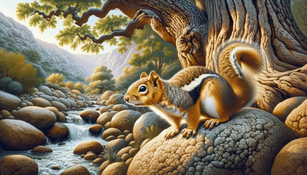 Create a detailed and vibrant illustration of a Rock Squirrel (Otospermophilus variegatus). The scene is set in a typical environment where such a squirrel would be found. The squirrel is in motion, scampering across a boulder-strewn landscape nestled alongside a babbling brook and beneath a large, aged oak tree. Its fur is a stunning mix of hues found in nature; from soft, creamy tawny to deeper, richer hues of browns and dark chocolates. There are no humans or human-made items present, nor any text or logos. The image is intended for an article, so it is visually arresting and tell a story in itself.