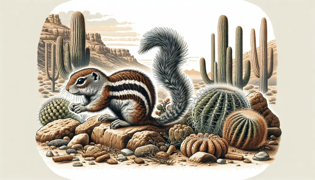 Illustrate a detailed and naturalistic scene featuring a Round-tailed Ground Squirrel, known by its scientific name as Xerospermophilus tereticaudus. Show the furry squirrel with distinctive circular tail in its native arid desert habitat, maybe scurrying among cacti and rocks, without the presence of people or any form of human interference. There should be no texts, logos, brand names, or other human-made items in the frame. Implement a careful observation of the squirrel's physical characteristics and behavior, along with the surrounding wild desert scenery.