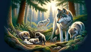 Illustration showcasing the nurturing behaviors of wolves towards their pups in a natural setting. In the foreground, a mature wolf is seen attentively grooming a young wolf cub, while in the background, another adult wolf is seen returning with food for its offspring. The setting is a pristine and realistic depiction of a wolf den in a forest, with towering trees and lush greenery. Note: the scene should be devoid of any human presence or manmade objects, delivering a true representation of life in the wild.