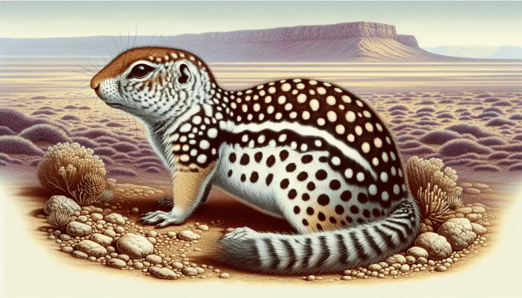 A detailed visual representation of the Spotted Ground Squirrel also known as Xerospermophilus spilosoma. The scene showcases the squirrel in its natural habitat. The squirrel possesses a sleek, lithe body which is dotted with a pattern of unique spots, making it distinct. The texture and color of the squirrel's fur are portrayed, with a soft, glossy finish contrasting with the harder surfaces in its environment. No people are present in the scene, making the squirrel the focal point of the illustration. In the background, a quintessential arid, terrestrial landscape where the species is usually found can be seen.