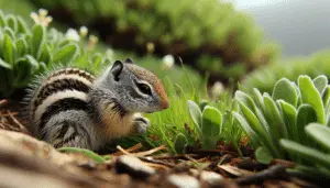 Create a detailed image of a thirteen-lined ground squirrel, scientifically known as Ictidomys tridecemlineatus. This picture should carefully capture the unique characteristics and beauty of this animal. The squirrel, with its thirteen distinct lines along its back and sides, should be situated in a natural setting, perhaps foraging or exploring, to highlight its natural behavior. The surroundings should have elements typical of the squirrels' habitat – like green grass, fallen leaves, or a burrow. Avoid the inclusion of any human beings, text, brand names, or logos. Emphasize a naturalistic, unspoiled scene.