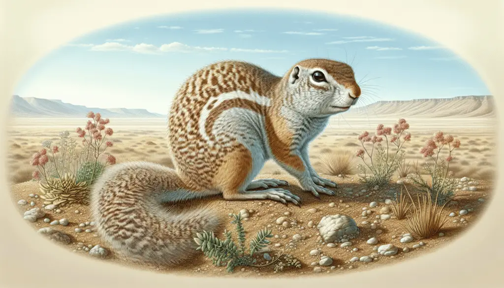 A detailed visualization of a Townsend's Ground Squirrel (scientific name Urocitellus townsendii), situated in its natural habitat. The squirrel is light brown in color with a speckled coat, possessing a typical slender body and a tail that is shorter in comparison to tree squirrels. The surroundings depict an arid environment, presumably a grassland or prairie, strewn with small plants and perhaps some rocks. The sky above is clear and blue, suggesting a sunny day. There are no human figures, logos, brand names, or text present in the image.