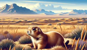 Illustrate an engaging scene of a Utah Prairie Dog (Cynomys parvidens) in its natural habitat. The Prairie Dog should be the center of attention, while the surroundings depict the typical landscape where these creatures dwell, which includes vast open prairies with sparsely occurring vegetation. It's daytime with clear skies, giving off an intensity that lights up the plains. Despite being a solo illustration of the animal, emphasis should be given on how the Prairie Dog interacts with its environment, such as burrowing or looking out for predators as part of its lifestyle. There should not be humans, texts, or brands present in the scenery.