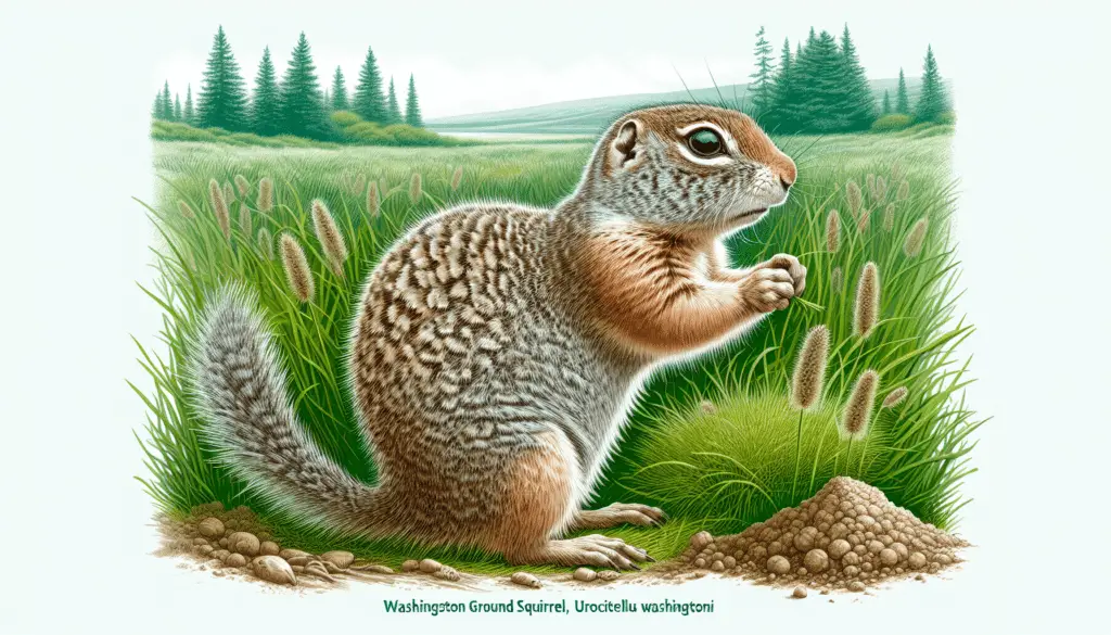 A visual representation of a Washington Ground Squirrel (Urocitellus washingtoni) in its natural habitat. This small, robust rodent can be seen in the middle of a lush, grassy field searching for food. The detailed illustration should capture the squirrel's distinctive features such as its short ears, large eyes, and gray-brown fur with lighter underparts. Around the squirrel, there should be indicators of its burrowing lifestyle, like small mounds of earth signifying burrow entrances. The image should not contain any human presence, text, brand names, or logos.