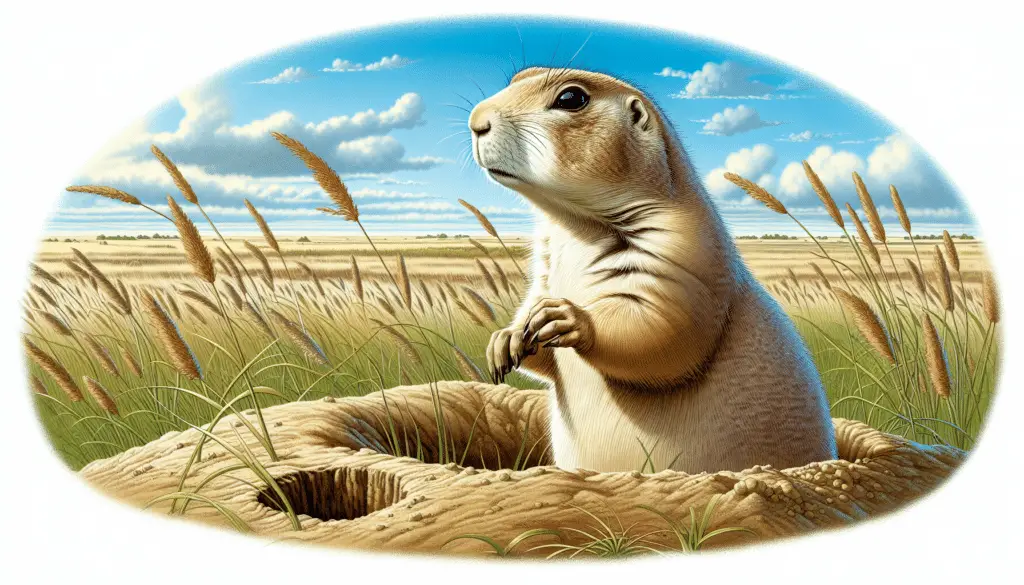 A detailed illustration of a White-tailed Prairie Dog (Cynomys leucurus) in its natural habitat. The prairie dog is standing upright on its hind legs, alert and scanning its surroundings. The background is composed of a wide, open prairie with tall grass waving in the wind. There are burrow entrances visible around, indicating the prairie dog's home. The sky above is bright blue with a few clouds scattered here and there. Note that this image contains no text, people, brand names, or logos.