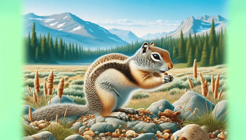 Visualize a natural scene featuring a Wyoming Ground Squirrel, also known as Urocitellus elegans. The background should depict a typical habitat for this type of squirrel found in Wyoming, such as grassy fields or meadows with a scattering of rocks, under a clear blue sky. The squirrel itself is the focal point, shown in the act of foraging for food, perhaps with a nut or root in its paws. It should be the right color and size as accurate to real life. Remember to avoid including any text, people, brand names or logos in the image.