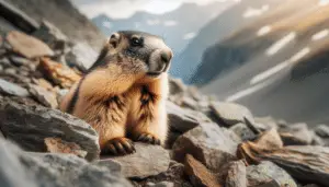 Create a naturalistic scene focused on a Yellow-bellied Marmot (Marmota flaviventris), showcasing its distinctive characteristics and habitats, without including any people or text. The marmot should be in the centre of the well-lit frame, its sandy yellow belly and gleaming eyes visible. It's situated in a rocky mountain environment, its usual habitat. Maybe it's foraging for food, alert for predators. Make sure the scenery does not include any brand logos, text on items, or unnatural elements.