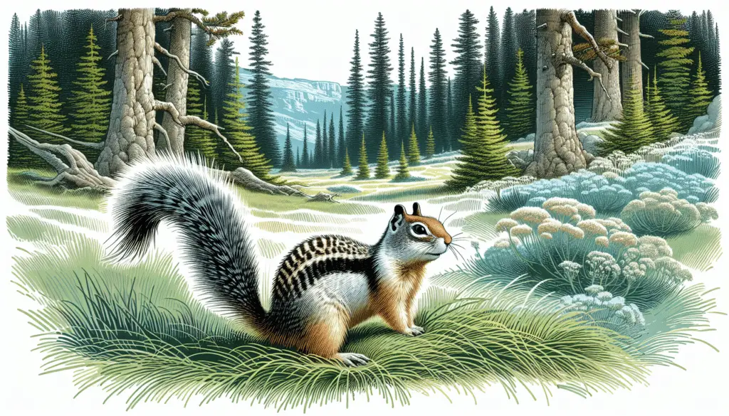 Generate an illustration featuring a Long-tailed Ground Squirrel (Urocitellus undulatus). The image should exhibit the characteristics of the squirrel, with particular focus on its long tail. The setting is a forest clearing with a blend of deciduous and coniferous trees surrounding a clear patch of grass. The squirrel is foregrounded in this clearing. It's in a playfully alert stance, adding dynamism to the composition. Also, depict the diverse foliage of the forest, but maintain the focus on the squirrel. Make sure there are no humans, brand names, logos or text in the image.