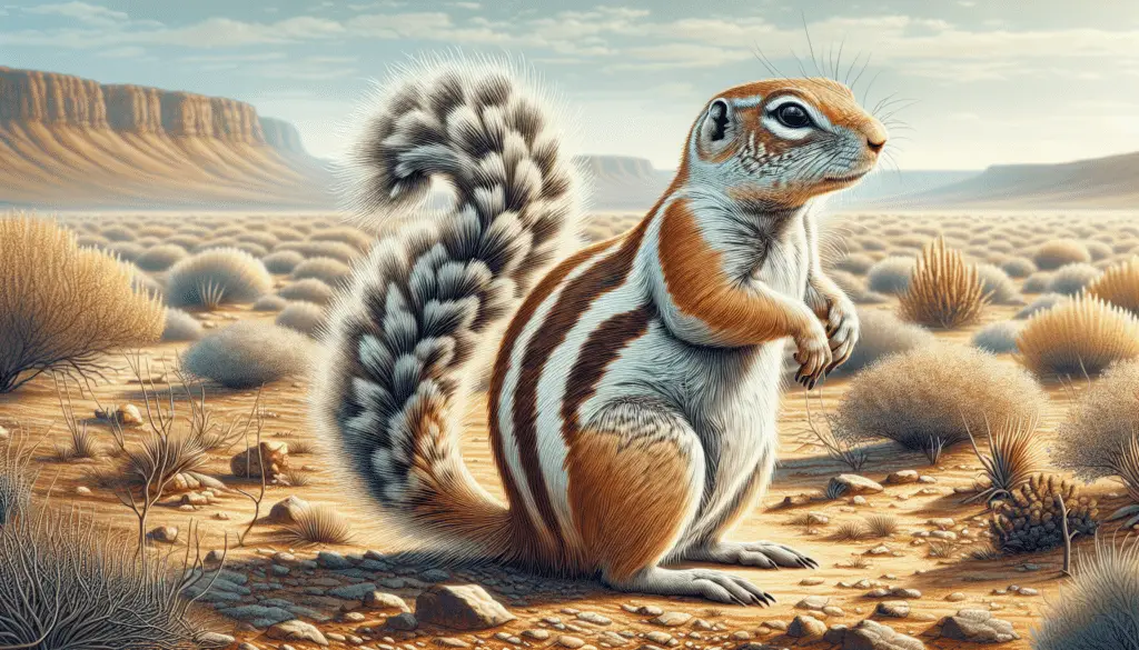 A detailed and vivid depiction of a Cape Ground Squirrel (Xerus inauris) in its natural habitat. The squirrel is standing upright, using its bushy tail to shield itself from the harsh sun, a characteristic behavior of this species. The background consists of arid plains, indicative of the African savanna where they are commonly found. Sparse vegetation and occasional rocky structures can be seen. Ensure that the image does not contain any people, brand names, or logos and any text. Also, make certain that the image's focus remains on showcasing the unique attributes of the Cape Ground Squirrel.