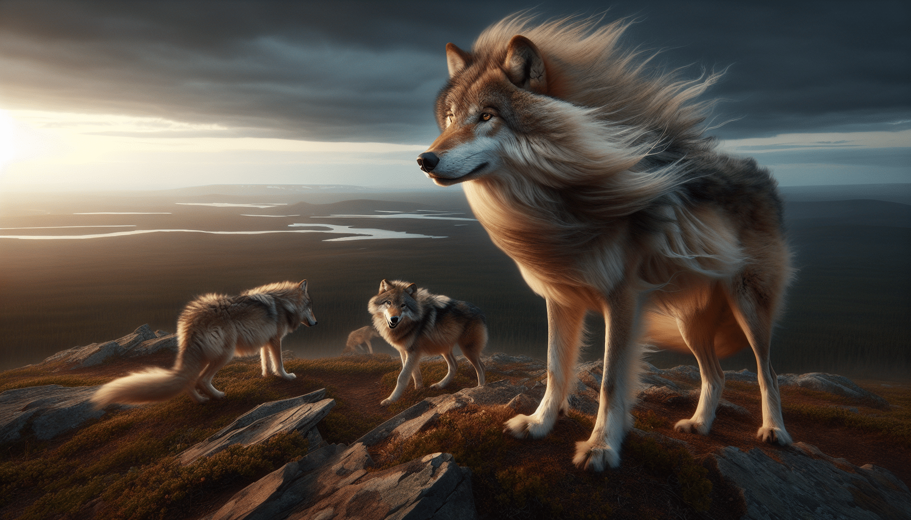 A portrait of a majestic mature wolf, its fur encased by wind, standing proudly on a rocky vantage point overlooking a sprawling wild landscape. Nearby, a youthful wolf frolics carefree, embodying vitality and the early stages of life. Far off in the distance, an elderly wolf lies peacefully, mirroring the cycle of life common in the wild. The scene takes place at twilight, a symbolic representation of the passing time, with no prominent man-made objects, texts, or people present.