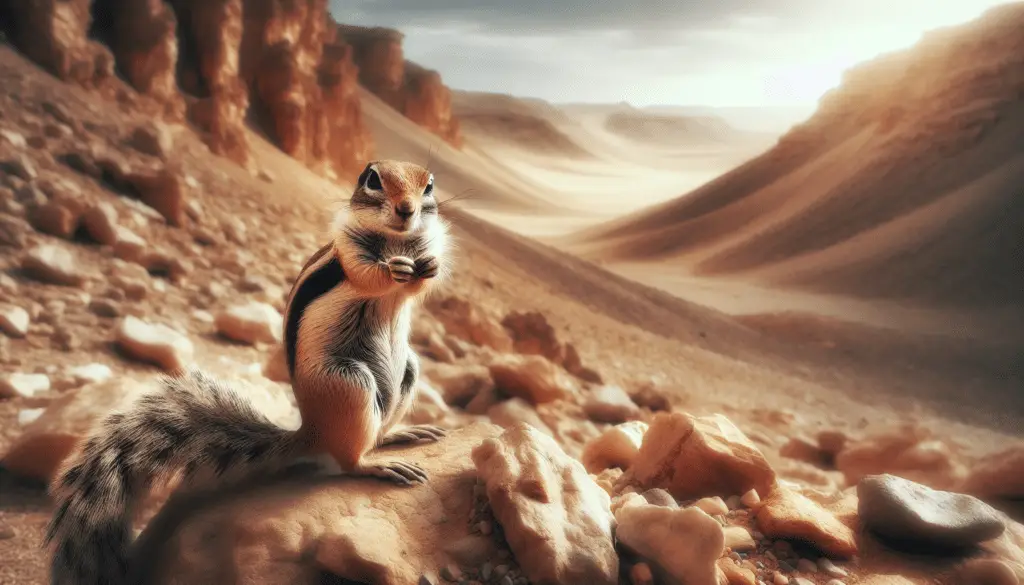 Visualize a landscape scene set in rocky terrain characteristic of the squirrel's natural habitat in North Africa. No humans or human-made objects like brands or logos are present. The main subject is a Barbary Ground Squirrel, Atlantoxerus getulus, in its full glory. It's mid-sized with a long, bushy tail, brown fur but with black stripes running along its back, standing on its hind legs, and perhaps nibbling on a nut. It's looking alert, possibly because of some slight noises in the arid scenery around. There is no written text in the scene.