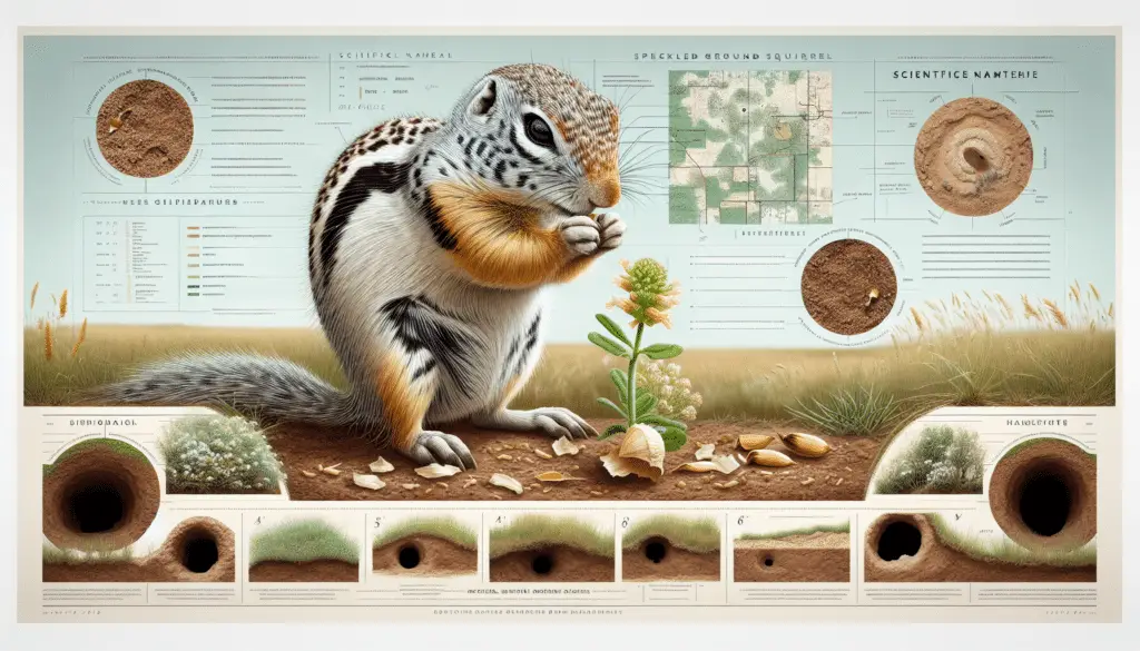 A detailed image showcasing the habitat, physical features, and behaviours of the Speckled Ground Squirrel (Scientific name not to be depicted in the image). Visualize a quaint grassland setting, dotted with small burrow entrances. In the foreground, a Speckled Ground Squirrel is posed in a manner that emphases its distinctive markings and compact size. It nibbles on a plant seed, illustrating its diet. The entire image is void of human presence, text, and brand logos. Additionally, no artificial structures or items are present. All elements emphasize the natural environment and wildlife.