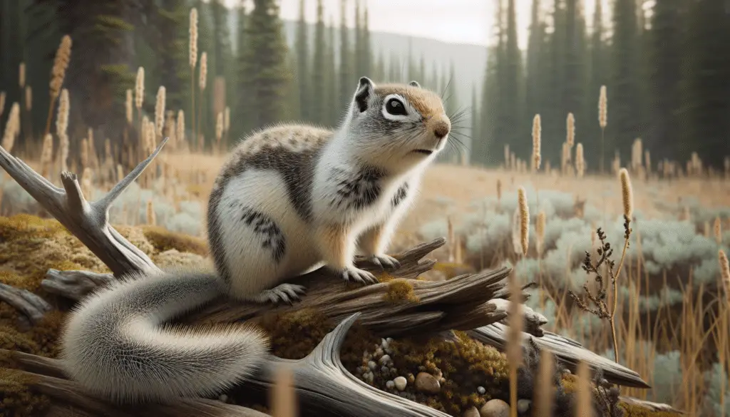 A realistic, detailed depiction of a Pere David's Ground Squirrel in its natural habitat of mixed grassland and forest. It is a medium-sized squirrel, characterized by a bushy tail, primarily grey-brown fur with white patches around eyes and on the belly. There are no humans, text, or brand logos present in the image. The focus is on its unique physical features and the environment it resides in. The composition should be in neutral tones, emphasizing the harmonious blend of the squirrel with its surroundings.