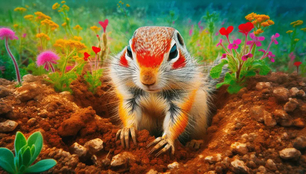 A vivid image of a red-cheeked ground squirrel (Spermophilus erythrogenys) in its natural environment. The squirrel stands out in sharp relief, its distinct red cheeks glowing against its fur. It is busy burrowing into the soft ground, its claws effectively maneuvering through the soil. The surrounding environment is rich and diverse, with lush greenery and a variety of plants. There's an assortment of blossoming wildflowers nearby, adding a vivid touch to the scene. There are no people and no text elements in the image. It is a true depiction of the squirrel in its wild habitat.